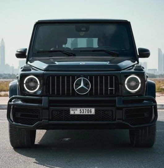 Front view of the Mercedes AMG G63 showing its round LED headlights
